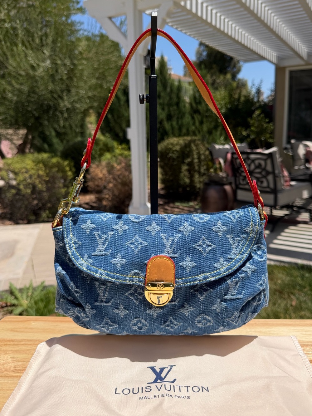 NEW Y2K LV Print Sunset Blue Denim Jean Monogram Top Handle Shoulder Bag